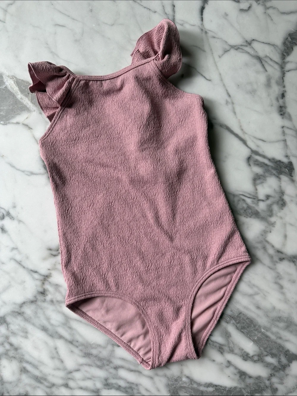 Kids Pink One-Piece Textured Swimsuit with Ruffle Shoulder Size 6x/7
